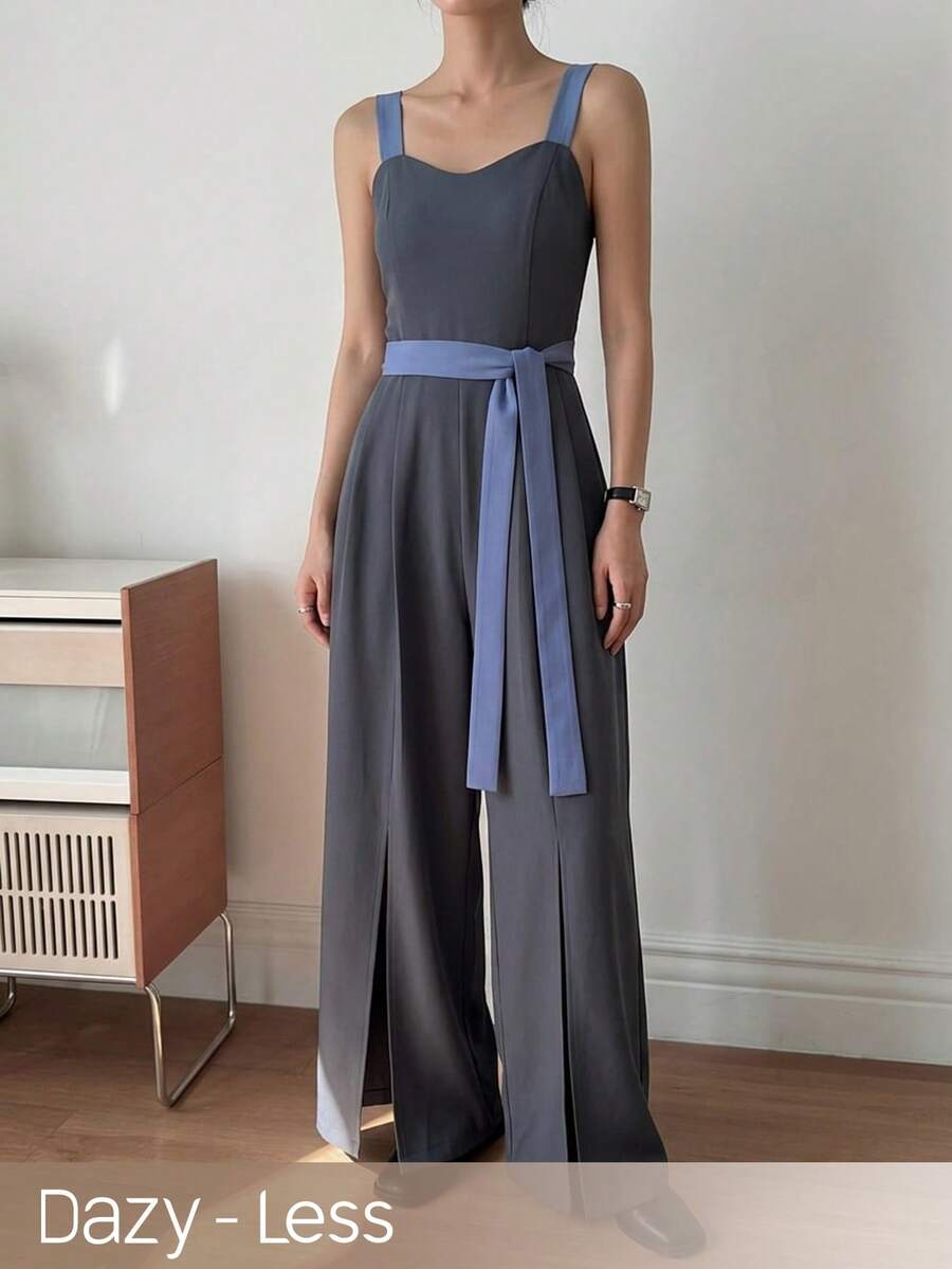 DAZY Women's Summer Casual Vacation Daily Commute Colorblock Belted Camisole Wide Leg Jumpsuit - Blue - View 1