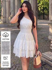 Modelyn French Design Eyelet Embroidery Asymmetrical Shoulder Cake Short Dress - White - View 6
