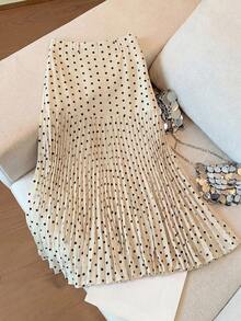 SHEIN PETITE Women's Elegant Polka Dot Print Pleated Midi Skirt ,Petite Women - Apricot - View 2