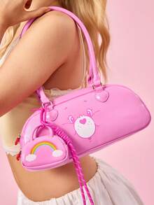 SHEIN X Care Bears Cartoon Pattern Printed Decorative Shoulder Bag, Pendant Small Bag, Suitable For Travel, Commuting, Outings, Etc., Suitable For Students, Women, Cheer Bear - Pink - View 2