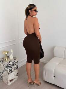 Maria Perezxox 女款摩卡棕色針織掛脖無袖短版連身褲，露背拼色收腹連身短褲，夏季女式短版連身褲 - 摩卡棕 - 查看 2