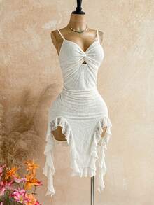 Soleia Women's Fashion Front Knot Ruched Lace Patchwork Asymmetrical Hem Dress - Beige - View 6