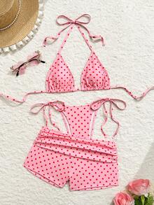 Costavie Nuevo conjunto de traje de baño de 3 piezas para mujer con estampado de lunares, parte superior de triángulo micro con lazos laterales y volantes, para vacaciones de verano, fiestas - Multicolor 11 - Ver 6