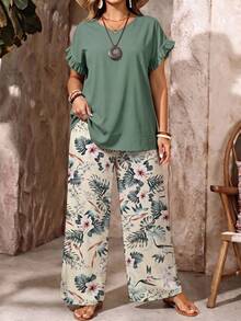 EMERY ROSE Casual Tropical Floral Print Plus Size 2 Pieces Set - Multicolor - View 3