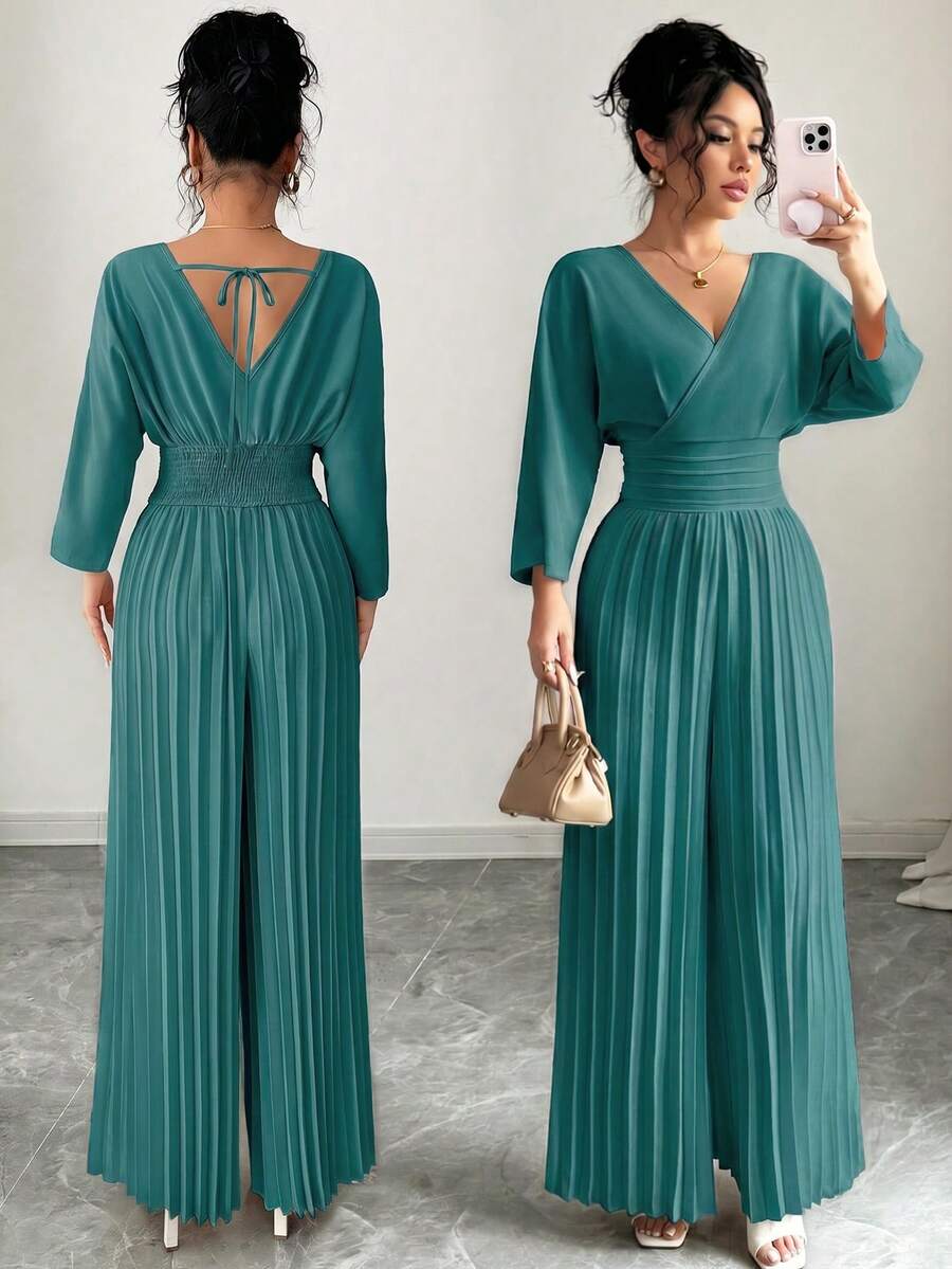 Rafferiza Women's Solid Color Overlapping V-Neck 3/4 Sleeve Pleated Wide Leg Elegant Jumpsuit - Cadet Blue - View 1