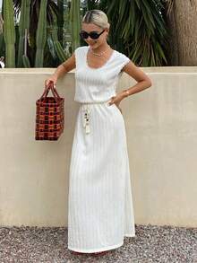 Livesso Women's Summer Casual Boho Vacation Solid Color Textured Fabric Lace Trim Top And Tassel Drawstring Waist Skirt 2-Piece Set Beach Brunch All White - White - View 4
