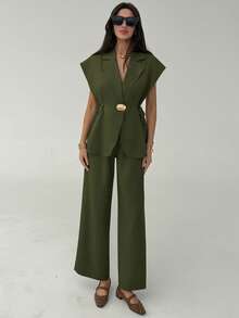 Aloruh Waist Tie Metal Decor Vest & Pants Commuter Suit Set - Army Green - View 3