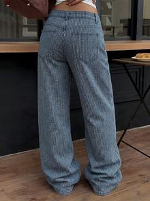 Siren Gaze Quần jeans nữ ống đứng dáng rộng, kẻ sọc có túi, kiểu dáng thường ngày. - Màu xanh lam - Xem 2
