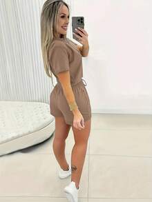 Selamara 2pcs/Set Women Casual Brown Round Neck Short Sleeve T-Shirt And Shorts Set - Mocha Brown - View 2