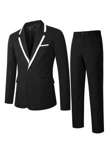 Manfinity Bizformal Men's Suit Blazer And Trousers Set, Spring/Summer Business Formal Contrast Collar Design, Ceremony - Black - View 3