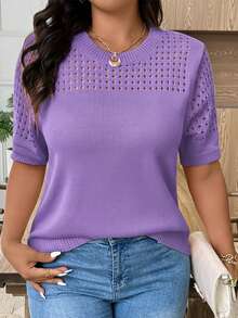 EMERY ROSE Plus Size Casual Hollow Out Round Neck Short Sleeve Top - Purple - View 1
