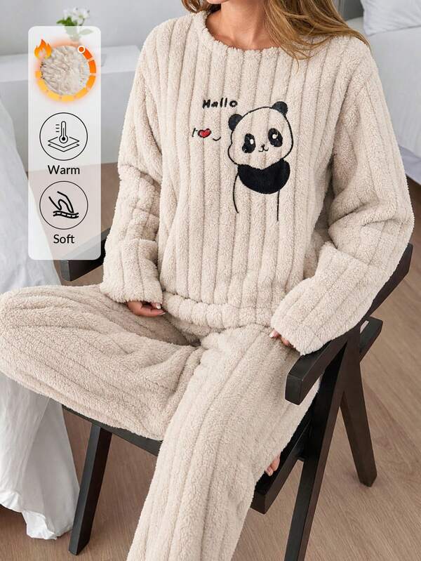 SHEIN Beige Striped Fuzzy Plush Fabric With Lettered&Panda Embroidery Detailed Round Neck Long Sleeved Sleep Top&Long Pants 2 Pcs Women Homewear Comfort Casual Pajama Set For Ladies