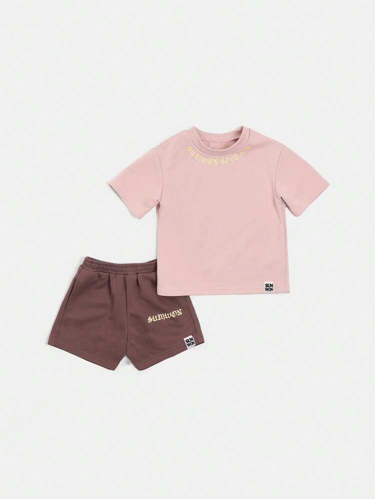 Boys Jersey T-Shirt Co-Ord Set With Letter Print And Matching Shorts For Kids Summer Casual Wear