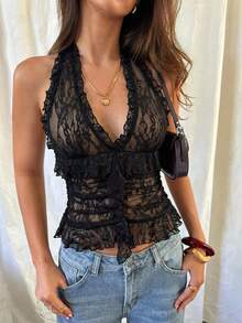 Aloruh Áo tank top dệt kim không tay cổ chữ V xếp nếp, màu tím trơn, thích hợp cho hẹn hò/nghỉ dưỡng, phong cách Y2K (thường ngày/công sở). - màu đen - Xem 2