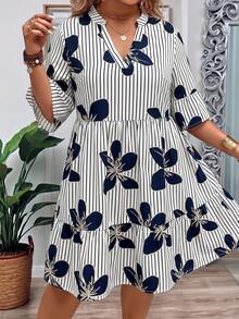 Breezaya Plus Size Women Summer Floral Print V-Neck Ruffle Hem Loose Dress - Blue - View 4
