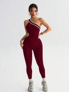 Gameset SHEIN Sport 女士无缝酒红色连体衣，不对称肩部设计，柔软舒适，适合运动、跑步、休闲、瑜伽等场合。 - 酒紅色 - 查看 6