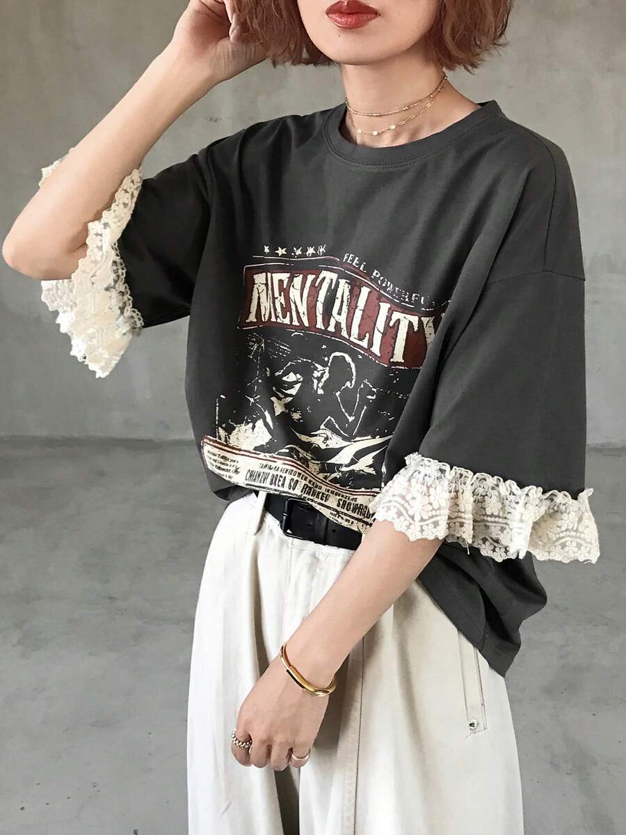 FRIFUL Women's Casual Loose Fit Letter Print Lace Patchwork Short Sleeve T-Shirt, Breathable Cotton Blend, Versatile For Spring/Summer - Grey - View 1