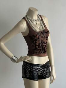 SHEIN DivaQ Women's Street Subculture Letter Punk Print Tank Top - Coffee Brown - View 5