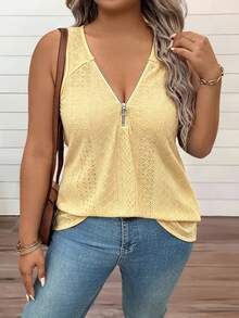 EMERY ROSE Plus Size Women Zipper Half Placket Embroidered Fashionable Versatile Vest - Apricot - View 4