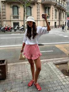 DrmWander Women's Casual Floral Plaid Print Ruffle Hem Loose Shorts, Suitable For Summer Holiday, Daily Commute - Multicolor - View 6