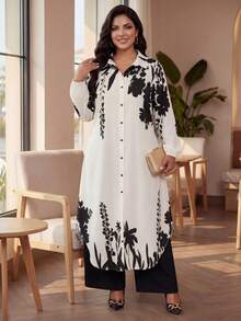 Auveirra Plus Size Women's Spring/Autumn Casual Vacation Style Floral Print Lantern Sleeve Curved Hem Extra Long Shirt And Wide Leg Loose Pants 2 Elegant - Multicolor - View 5