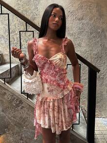 女士印花褶皱休闲度假约会迷你吊带裙 - 彩色 - 查看 4