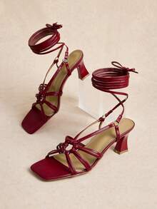 Rosivie Spring And Summer Fashion Burgundy Strappy Open-Toed High-Heeled Sandals - Burgundy - View 8