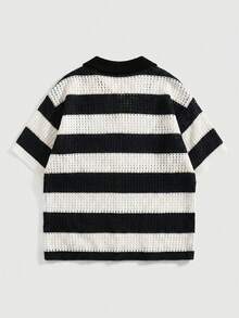 ROMWE MEN 男士刺繡圖案條紋提花針織 Polo 衫 - 黑色 - 查看 3