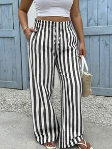 SHEIN EZwear 加大码黑白条纹印花抽绳腰斜插口袋休闲裤 - 黑與白 - 查看 1