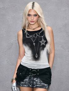 ROMWE Y2K Áo tank top cơ bản nữ phong cách retro Y3k gợi cảm xuyên thấu in họa tiết xích - trắng - Xem 1