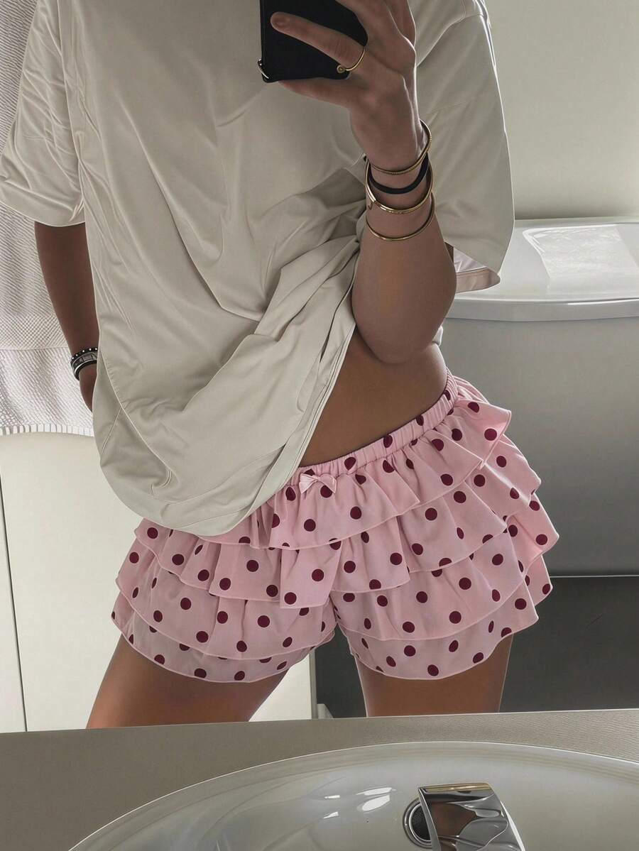 CovetEZ 女士波点多层荷叶边半身裙 - 粉色 - 查看 1