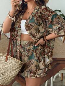 SHEIN VCAY Casual Retro Paisley Retro Pattern Loose Plus Size 2 Pieces Set, Suitable For Summer Beach Bussines Vacation Vacation Beige - Multicolor - View 6