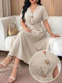 Modelyn Plus Size Women Metal Sun Decor Short Sleeve Elegant Dress - Apricot - View 8