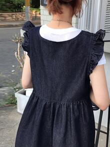 FRIFUL 女士V领荷叶边袖口牛仔连衣裙，休闲度假及日常通勤，夏季 - 藍色 - 查看 8
