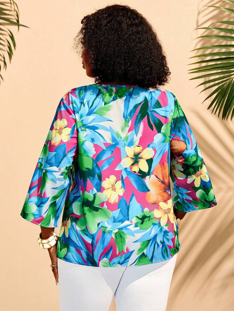 Plus Size Women Floral Print 3/4 Sleeve Loose Blouse Autumn Tops Beach Vacation Outfits Light Blue Tropical Fall Fashion 2026