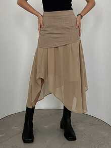 DAZY Women's Vintage Girlisim Asymmetric Hem Commuter Skirt, Autumn Golf Pastal - Khaki - View 4