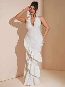 SHEIN BAE Damen Große Größen einfarbiges Neckholder-Rückenfreies Raffung Elegantes Taillenkleider für Partys - Weiss - Übersicht 5
