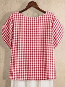 SHEIN LUNE CURVE 大码女式夏季复古格子不对称荷叶边短袖衬衫，女式夏季休闲度假上衣，女式红色格子衬衫 - 紅色 - 查看 2