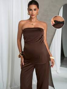 MaterniChic Pakaian Hamil dan Menyusui Set Dua Potong Musim Semi dan Musim Panas untuk Ibu Hamil: Satin Cokelat Lembut Elegan Warna Polos, Atasan Tanpa Lengan, Celana dengan Pinggang yang Dapat Diatur, 2 Potong - Coklat - View 1