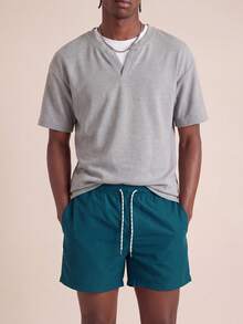 Zalmeno Men Solid Color Drawstring Waist Beach Shorts For Vacation And Leisure - Dark Green - View 6