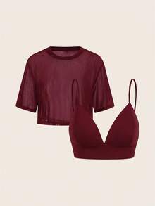 SHEIN Tall CURVE Plus Size Women Solid Color Mesh Short Sleeve Top Paired With Cropped Camisole - Burgundy - View 3
