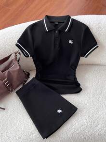Elamini Conjunto de 2 piezas de camiseta con cuello y fruncido casual y falda A-line bordada, azul marino, para primavera y verano - Negro - Ver 6