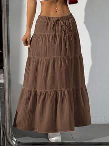 SHEIN EZwear Rok Wanita Ukuran Besar Kasual, Liburan, Sehari-hari, Perjalanan, Warna Polos, Pinggang Bertali, Hem Bertingkat, Musim Semi/Panas/Gugur - Coklat - View 10