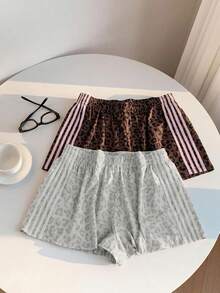 SHEIN EZwear 大码女式休闲条纹豹纹弹力腰短裤 - 彩色 - 查看 2