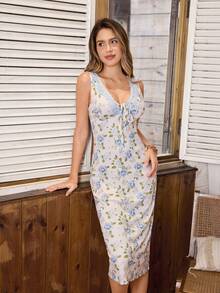 Serenescape Women's V-Neck Lace Tie Floral Print Mid-Length Nightgown For Vacation - Multicolor - View 5