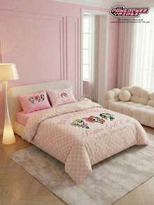 THE POWERPUFF GIRLS X Joivida 3pcs Pink Checkerboard Cartoon Pattern Bedding Set, Countryside Style, Suitable For Single/Double/King Beds, Great For Dormitory, Home, A Unique Gift For Housewarming, Birthday Or Anniversary - Pink - View 2