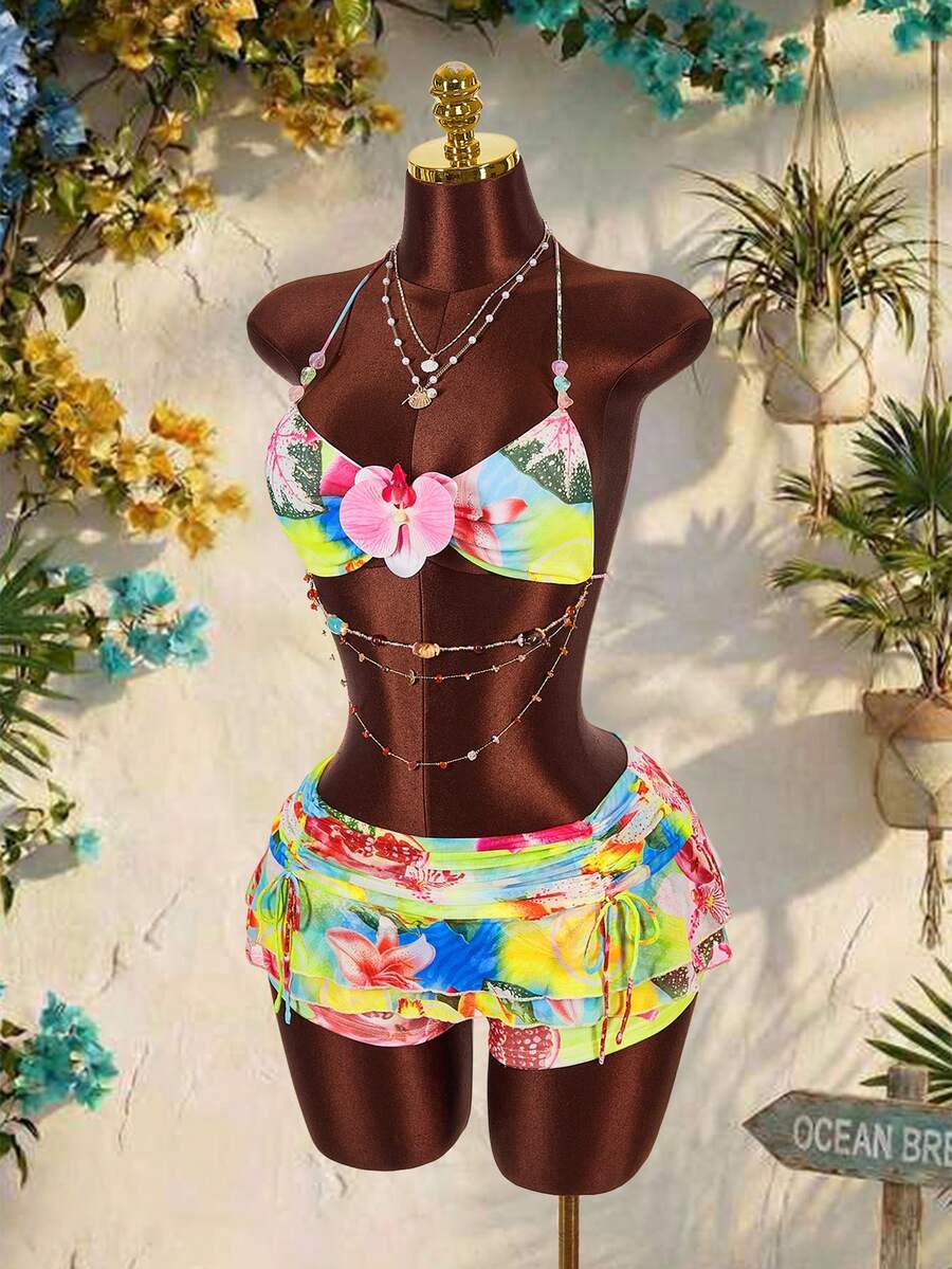 Amplova Women's 2-Piece Set,Bra Cup Details Leopard & Floral Print Pink And Yellow Summer Boho Beach Vacation Holiday,Beaded Accessory Drawstring Mini Skirt - Multicolor - View 1