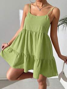 SHEIN EZwear 亮绿色休闲吊带露背娃娃裙 - 青檸色 - 查看 7