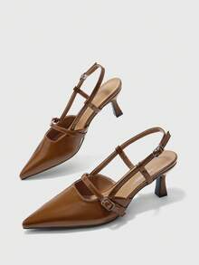 CUCCOO BIZCHIC Giày Slingback đi làm đa năng, mũi nhọn da bóng gót mảnh cổ thấp cho nữ - màu nâu - Xem 8