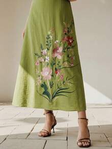 Anewsta 夏季女款圓領短袖重工刺繡綠色長版優雅洋裝，女款優雅洋裝，綠色洋裝 - 綠色 - 查看 4